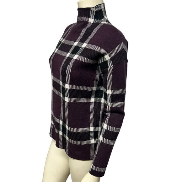 Max Studio Burgundy Turtleneck Sweater Fall Winter Purple Windowpane Plaid Cute - Picture 3 of 7